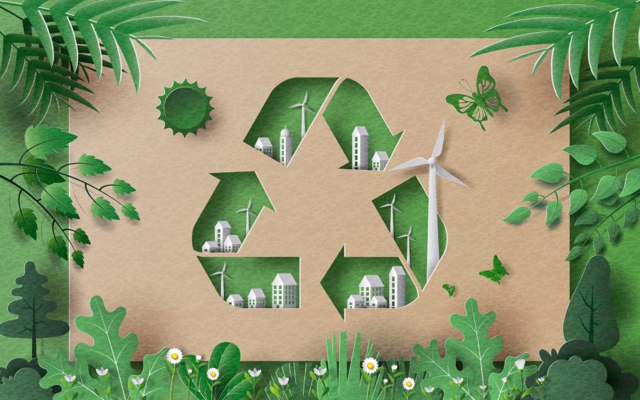 Reciclar el símbolo con muchas hojas verdes y de construcción, salvar el concepto de planeta y energía, ilustración de papel y papel 3d.